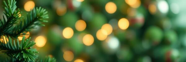 Christmas tree branch with blurred lights in the background creating a festive atmosphere in a cozy home photo