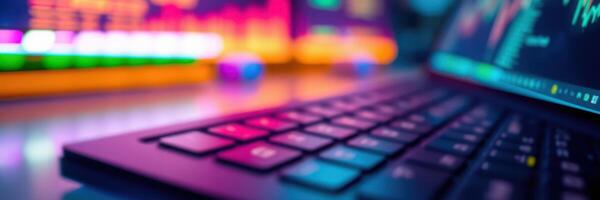 Colorful keyboard and graphs illuminate a modern workspace at night, showcasing data analytics and technology in action photo