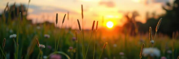 Golden sunset over a vibrant meadow filled with wildflowers and tall grass on a serene evening photo