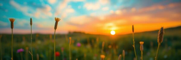 Beautiful sunset over a field with wildflowers and soft clouds in a colorful sky settled in a peaceful location photo