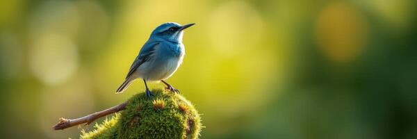 Beautiful blue bird perched on mossy branch during golden hour in a tranquil natural setting photo