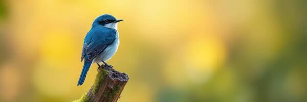 Vibrant blue bird perched on a branch amidst blurred golden background during the early morning light photo