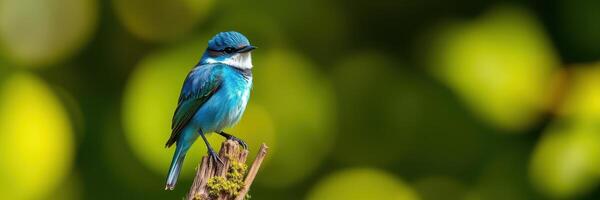 Bright blue bird perched on a branch against a blurred green background in a natural setting photo