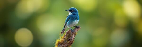 Vibrant blue bird perched on a mossy branch in a lush green forest during sunrise photo