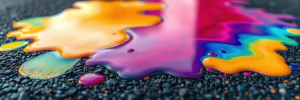 Colorful paint spills creating vibrant patterns on a textured dark surface during daytime photo