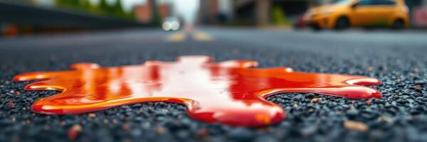 Bright red liquid on asphalt road creates striking contrast with blurred background during daylight photo