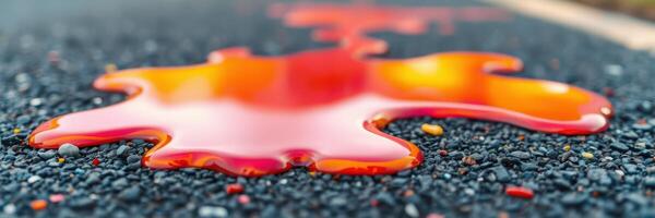 Bright red paint splatter on asphalt surface in an outdoor setting during daylight photo
