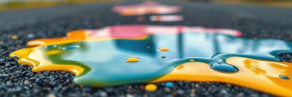 Colorful paint drips on asphalt road create a striking visual composition during daylight in an urban environment photo