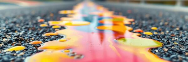 Colorful liquid spreading on a textured surface in a vibrant urban setting during daylight hours photo