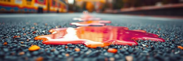 Colorful paint spill on pavement near a vibrant playground with playground equipment in the background photo