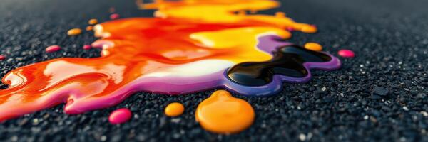 Colorful paint spill spreading across asphalt surface in urban setting during sunlight photo