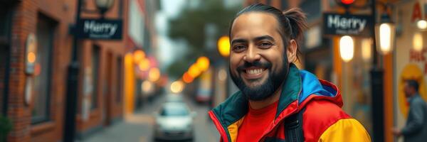 Smiling man wearing colorful jacket stands in vibrant street with shops and soft lighting at dusk photo
