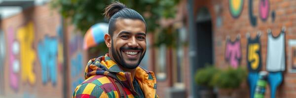 Smiling man in colorful jacket poses proudly in vibrant street art area during sunny day photo