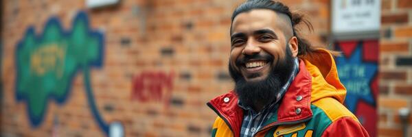 Man smiling against a vibrant brick wall adorned with graffiti in an urban setting during the day photo