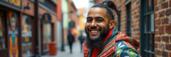 Joyful young man smiles in colorful jacket while walking down a lively street during the day in a city photo