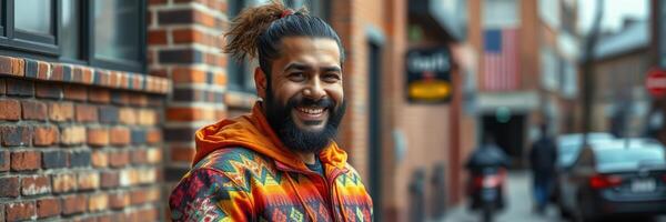 Smiling man wears colorful sweater while standing on a street with brick buildings in an urban setting photo
