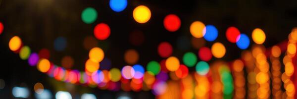Colorful string lights illuminate a festive atmosphere during an evening celebration in a lively neighborhood photo