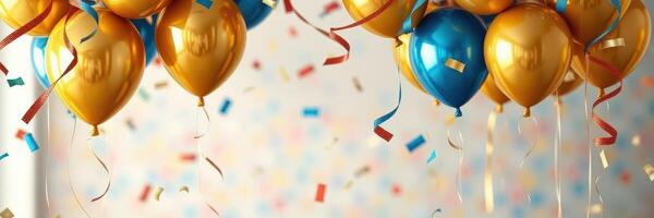 Colorful balloons and confetti fill the air in a festive celebration setup for a joyful event photo