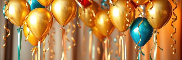 Festive balloons with golden, blue, and red colors decorating a celebratory space for a lively event photo