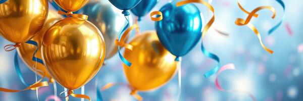 Colorful balloons and streamers create a festive atmosphere for celebration or party decorations photo