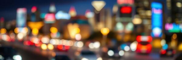 Vibrant city lights illuminate a bustling street during an evening rush hour in an urban environment photo