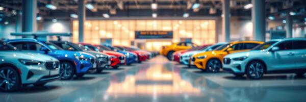 Variety of modern vehicles on display in a spacious auto showroom with bright lighting and a welcoming atmosphere photo