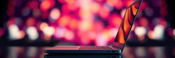 Sleek laptop illuminated by vibrant background lights in a modern workspace at night photo