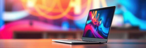 Modern laptop on a wooden table with colorful abstract background in a creative workspace photo