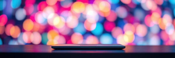 Vibrant bokeh lights illuminate a sleek laptop on a dark surface in a creative workspace at night photo