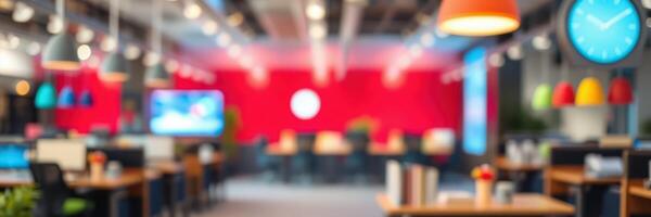 Modern coworking space with vibrant decor and dynamic ambiance designed for collaboration and creativity photo