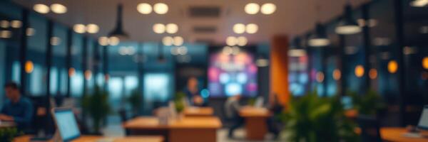 Modern office environment with blurred background and warm lighting creating a productive atmosphere photo