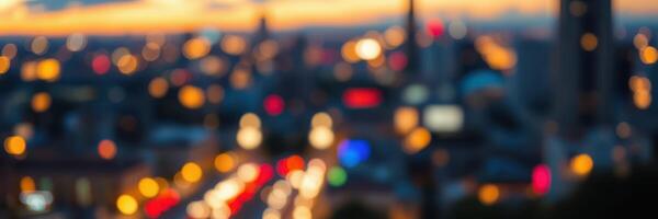 City skyline at dusk with vibrant lights creating a dynamic urban atmosphere photo