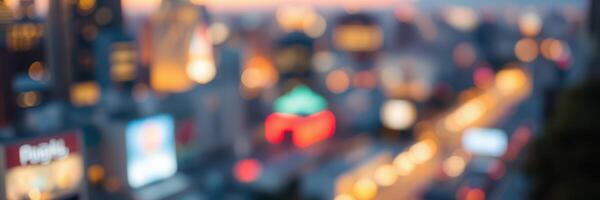 Vibrant city skyline during twilight with blurred lights and urban activity photo