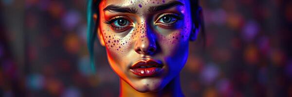 Portrait of a young woman with striking features and artistic lighting, showcasing vibrant colors and intricate details photo