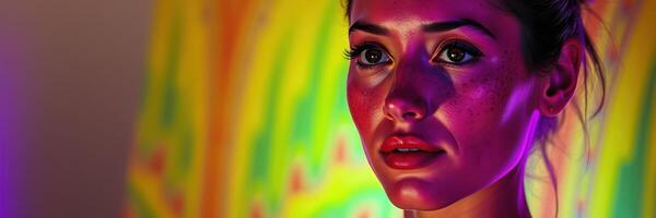 Model poses with vibrant lighting and colorful background in a creative studio during an artistic photoshoot photo