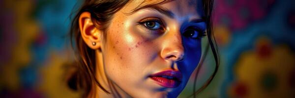 Young woman with expressive gaze poses against colorful backdrop, showcasing natural beauty in soft lighting photo