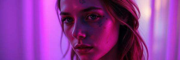 Portrait of a young woman with dramatic lighting and artistic makeup in a vibrant setting photo