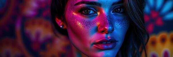 Striking portrait of a woman illuminated by colorful lights in an artistic atmosphere photo