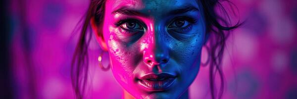 Woman with striking features illuminated by vibrant lighting in a colorful setting photo