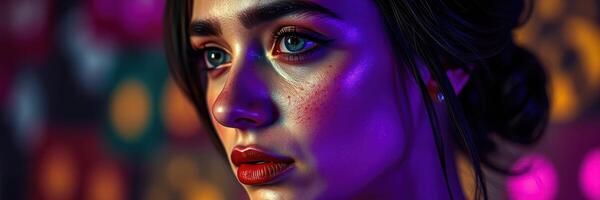 Woman with striking features and vibrant lighting creates an artistic portrait in a colorful backdrop photo