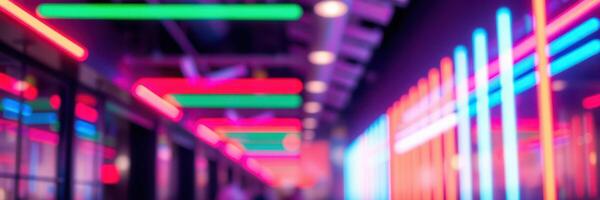 Neon lights illuminate urban alleyway creating a vibrant nightlife atmosphere in a city environment photo