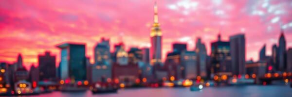 City skyline during a vibrant sunset with warm hues lighting up the buildings and the silhouette of the famous tower photo