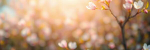 Blossom-filled garden at sunset creating a serene atmosphere with soft light illuminating delicate flowers photo