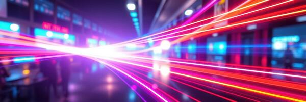 Colorful light trails create a dynamic atmosphere in a digital showcase at a technology event in a modern venue photo