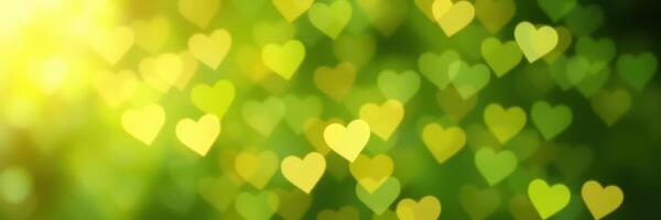 Green heart shapes create a warm, vibrant backdrop filled with light and joy in a natural setting photo