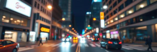 City street bustling with traffic and pedestrians during nightfall in an urban setting photo