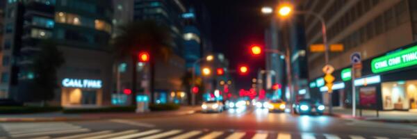 Nighttime urban landscape featuring traffic lights and blurred motion in a busy city street photo