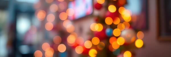 Colorful bokeh lights create a warm atmosphere near a decorated Christmas tree in a cozy setting photo