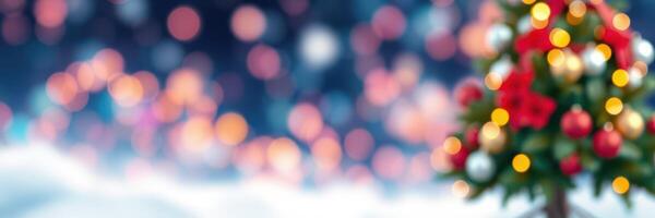 Christmas tree adorned with decorations and lights during festive season in a wintry setting with blurred background photo