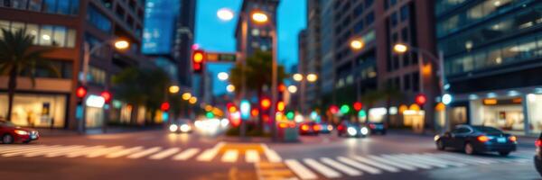 Evening city street bustling with traffic and illuminated signs during twilight hours photo